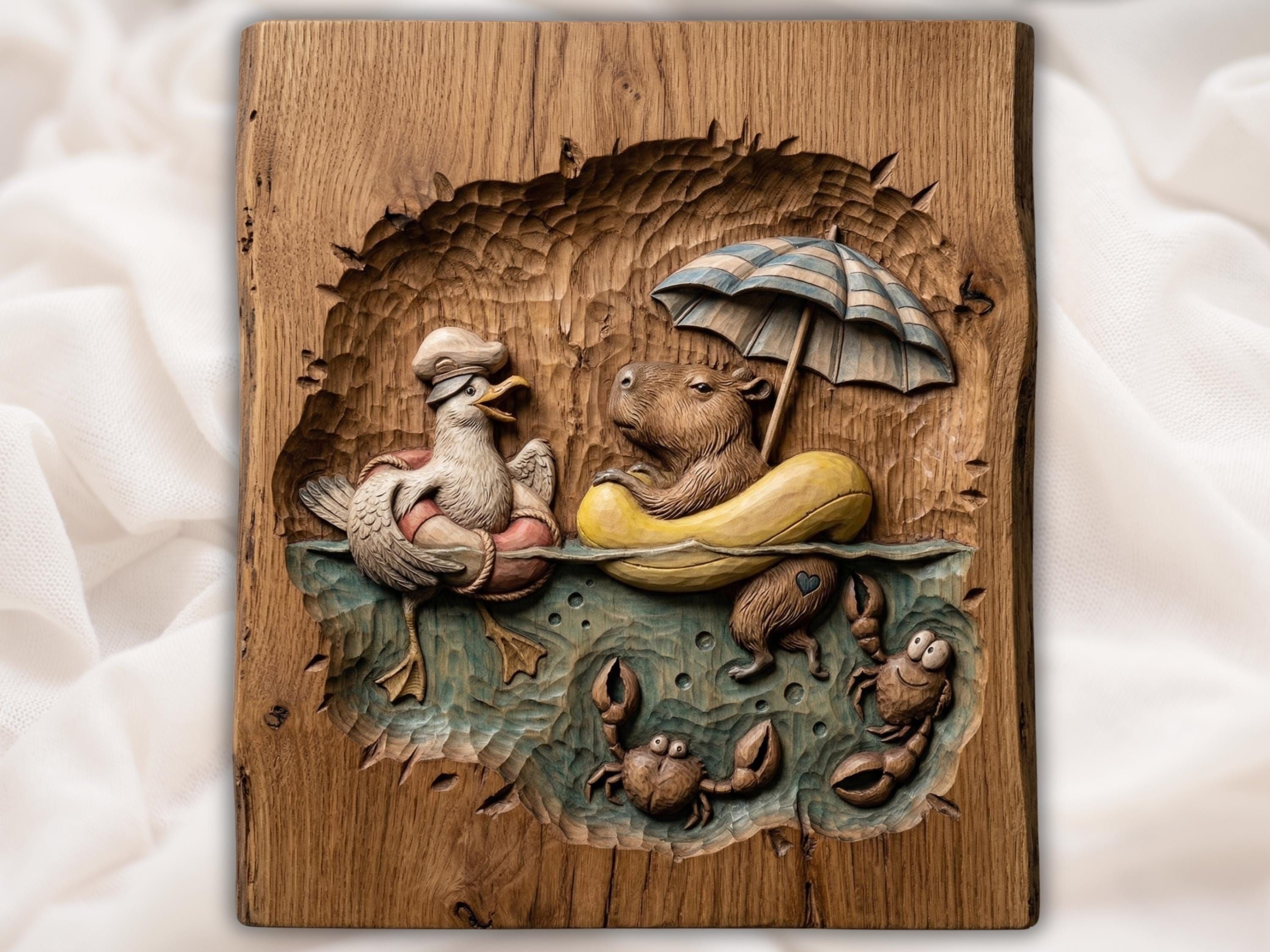 Carved wood relief of a capybara in a pool float holding an umbrella beside a duck, with crabs in the water below.