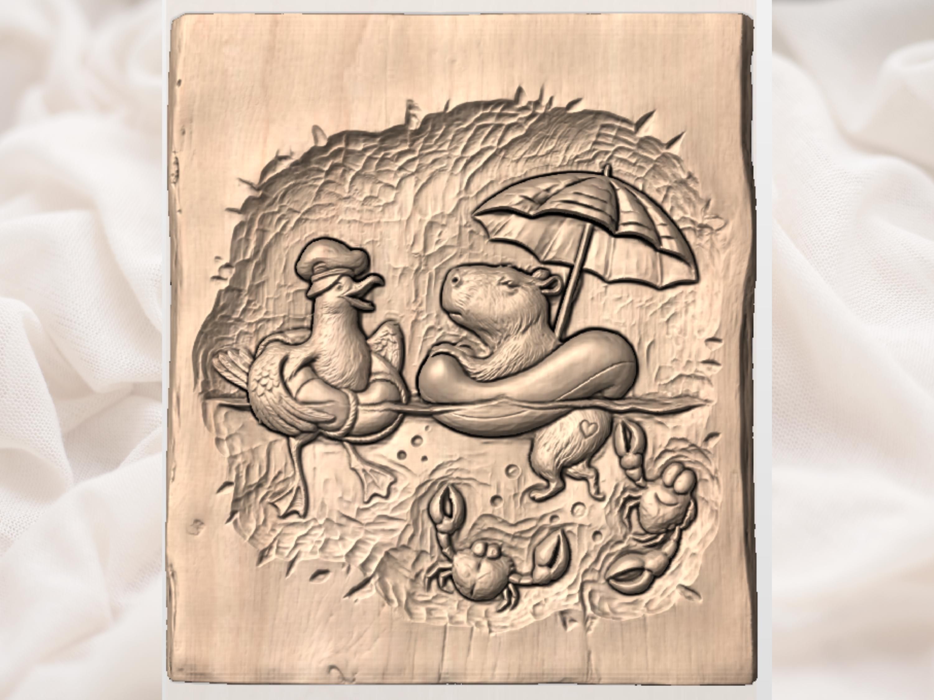 Capybara and Duck Pool Float Bas-Relief Carving with Umbrella bas-relief STL — view 2