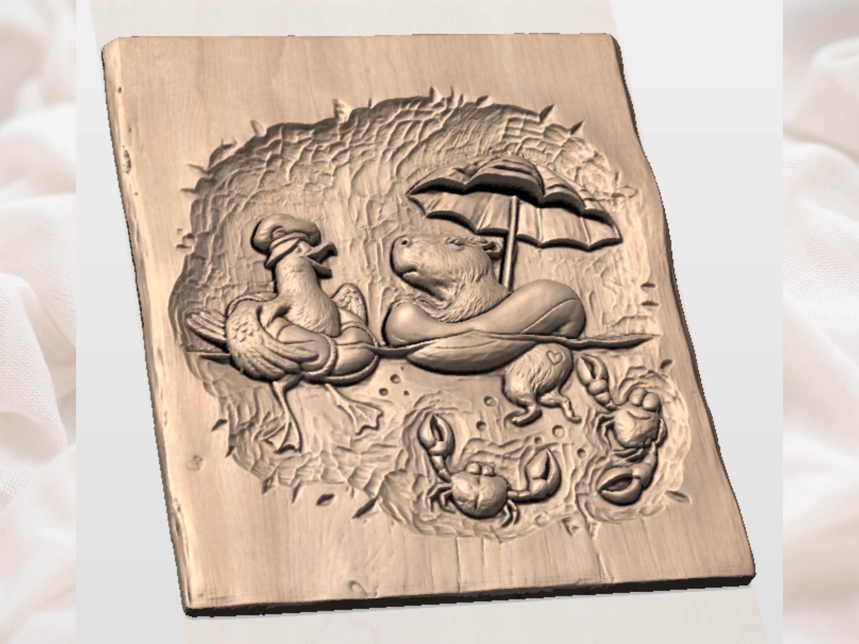 Capybara and Duck Pool Float Bas-Relief Carving with Umbrella bas-relief STL — view 3