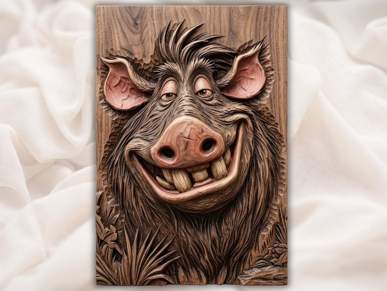 Carved wood bas-relief of a grinning cartoon wild boar with big snout, crooked teeth, and bristly hair.