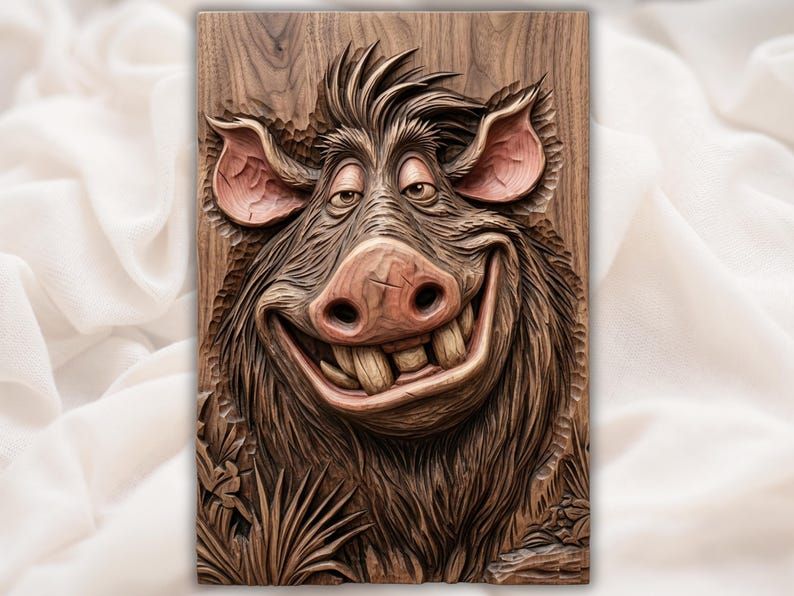 Goofy Grinning Wild Boar Bas-Relief STL for CNC and 3D Printing bas-relief STL design