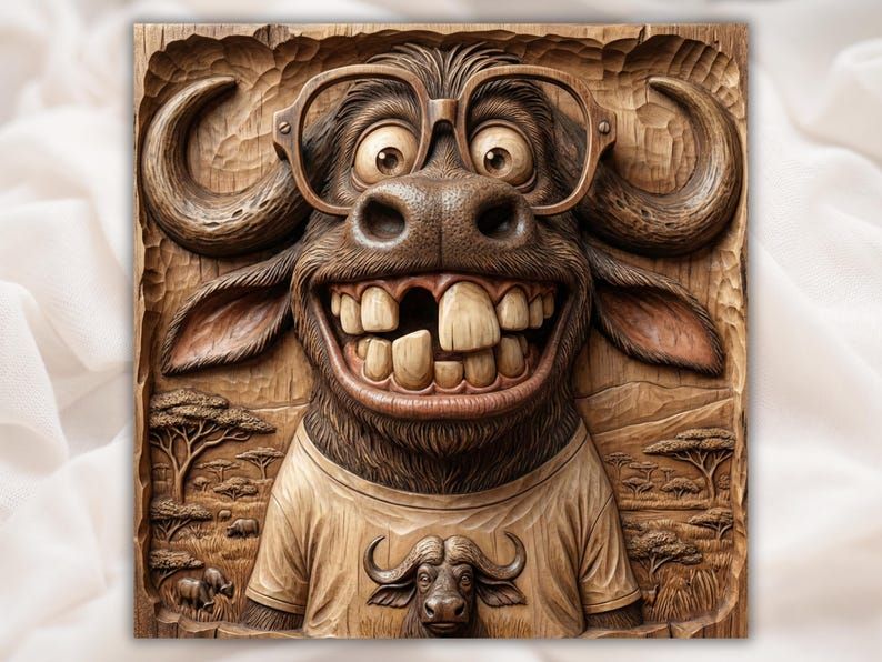Bas-relief wood carving of a grinning buffalo wearing glasses and a t-shirt, with a savanna scene behind it