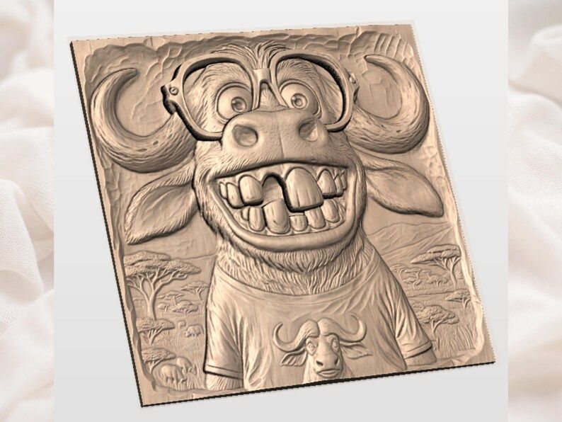 Goofy Buffalo in Glasses Bas-Relief STL for CNC and 3D Print bas-relief STL — view 2