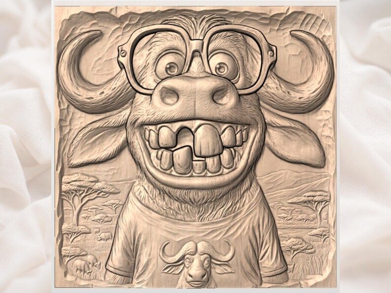 Goofy Buffalo in Glasses Bas-Relief STL for CNC and 3D Print bas-relief STL — view 3