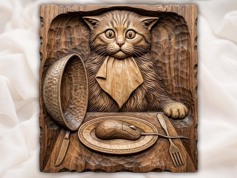 Carved relief of a fluffy cat in a bib seated at a table with a mouse on a plate, fork, knife, and tipped bowl