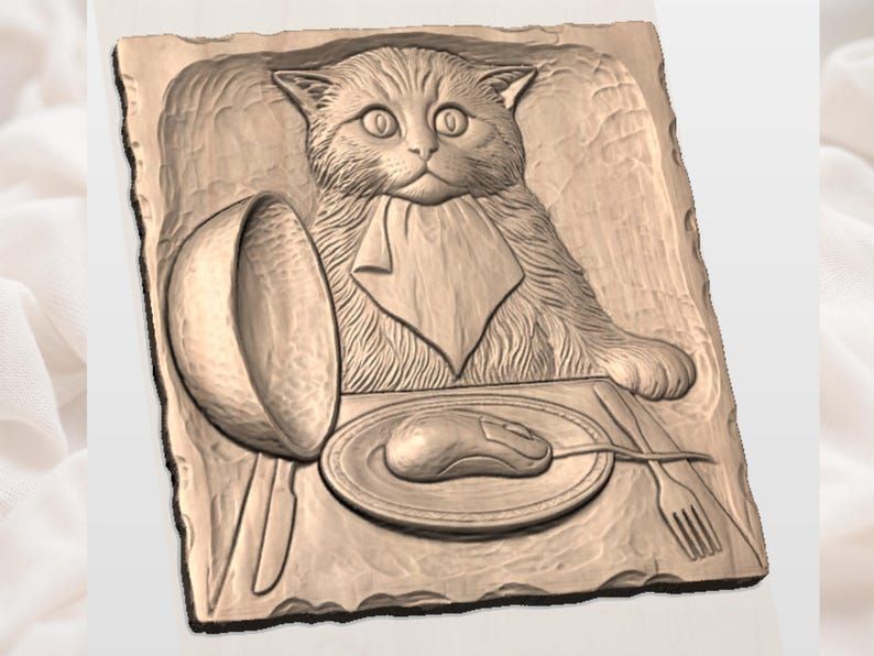 Fluffy Cat at Dinner with a Mouse on the Plate Relief STL bas-relief STL — view 2