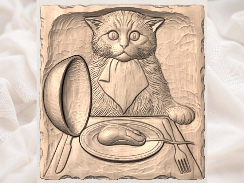 Fluffy Cat at Dinner with a Mouse on the Plate Relief STL bas-relief STL — view 3