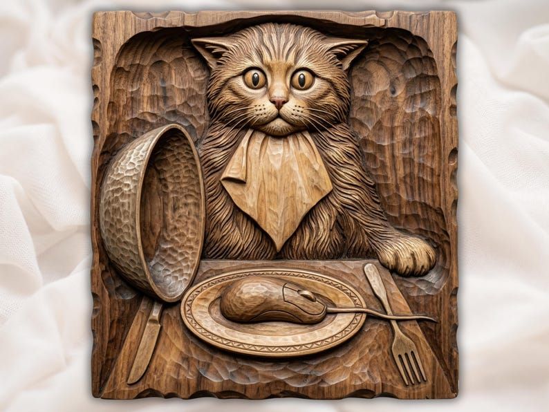 Fluffy Cat at Dinner with a Mouse on the Plate Relief STL bas-relief STL design