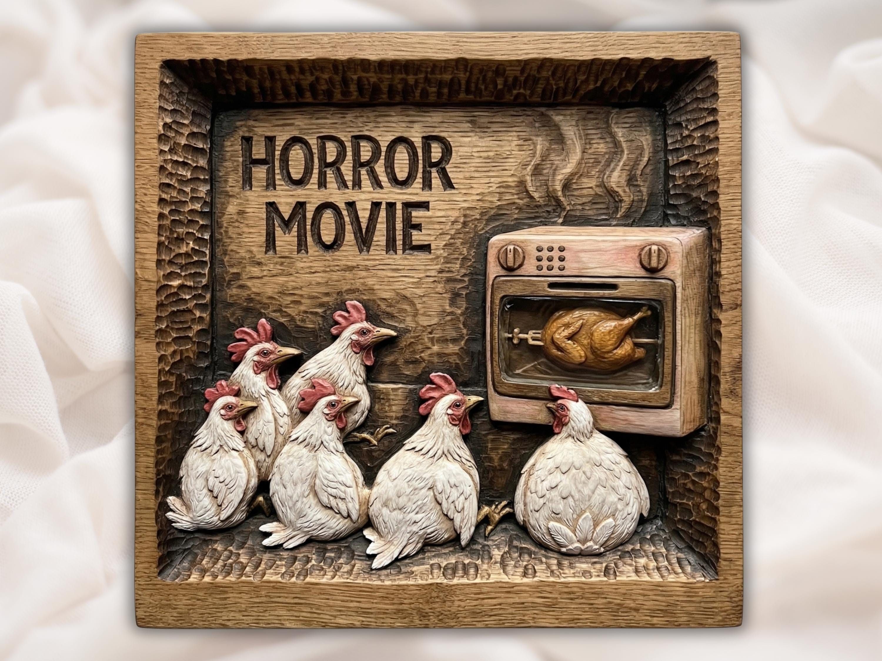 Carved wood relief of four white hens watching a roast chicken turn in an oven under the words Horror Movie.