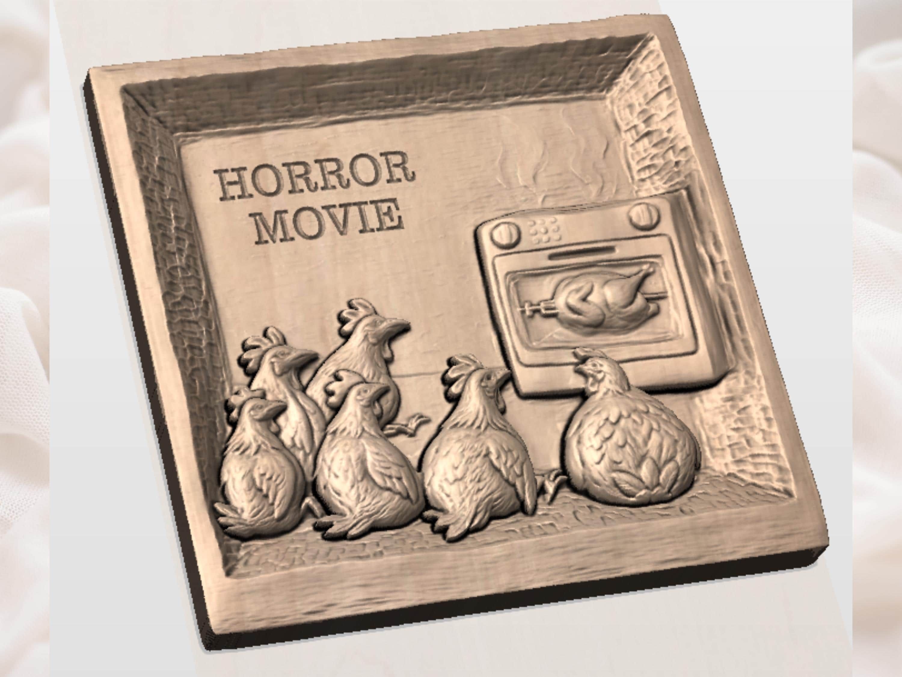 Chicken Horror Movie STL, Hens Watching Roast in Oven Relief bas-relief STL — view 3