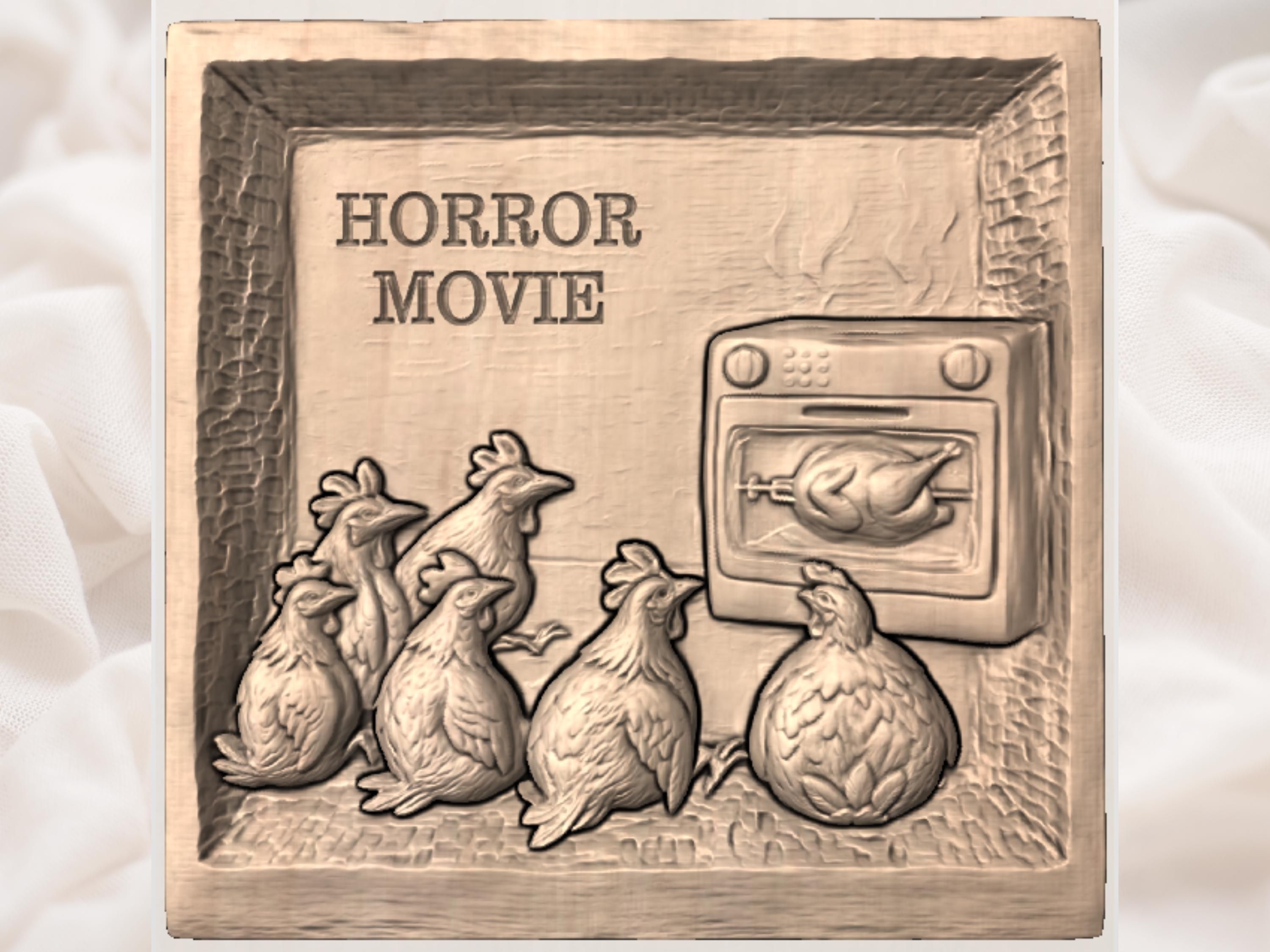 Chicken Horror Movie STL, Hens Watching Roast in Oven Relief bas-relief STL — view 4