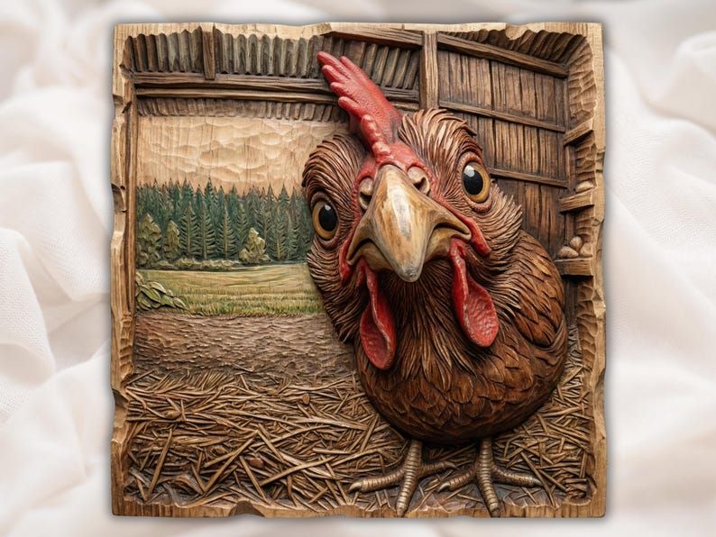 Carved wood bas-relief of a curious close-up hen with red comb and wattle over a barnyard field scene