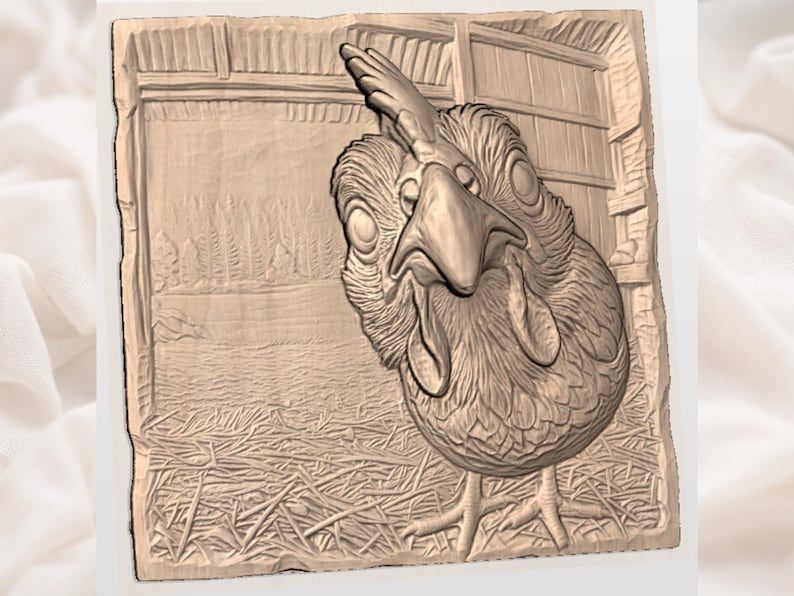 Curious Hen Close-Up Bas-Relief STL with Barnyard Scene bas-relief STL — view 2