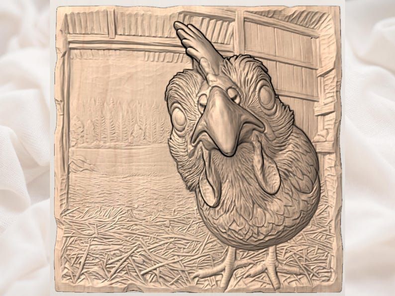 Curious Hen Close-Up Bas-Relief STL with Barnyard Scene bas-relief STL — view 3