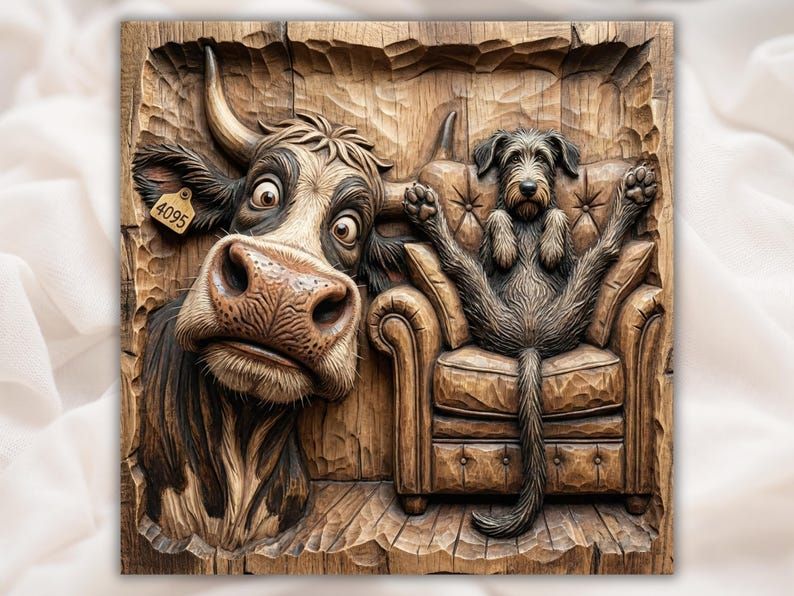Carved wood relief of a wide-eyed cow with an ear tag beside a scruffy dog sitting upright in an armchair
