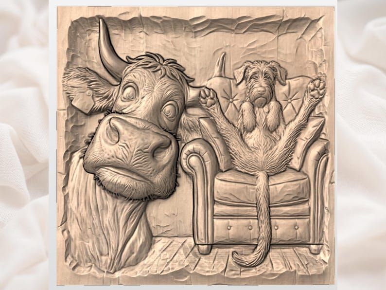 Wide-Eyed Cow and Wolfhound in an Armchair Relief STL bas-relief STL — view 2