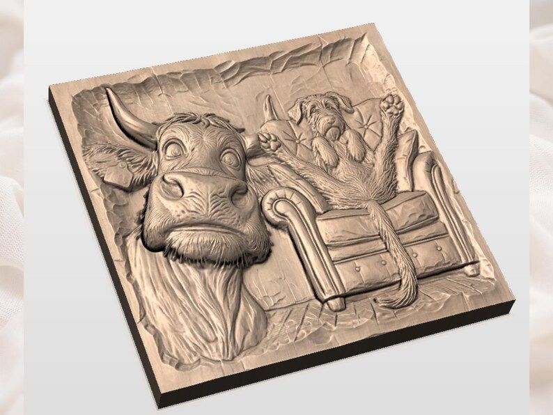 Wide-Eyed Cow and Wolfhound in an Armchair Relief STL bas-relief STL — view 3