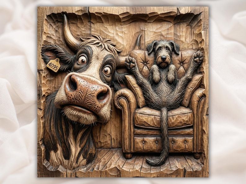Wide-Eyed Cow and Wolfhound in an Armchair Relief STL bas-relief STL design