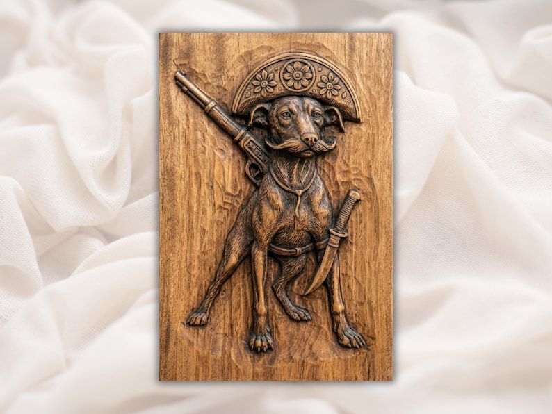 Wood-carved bas-relief of a cowboy Chihuahua wearing a sombrero with a rifle and saber