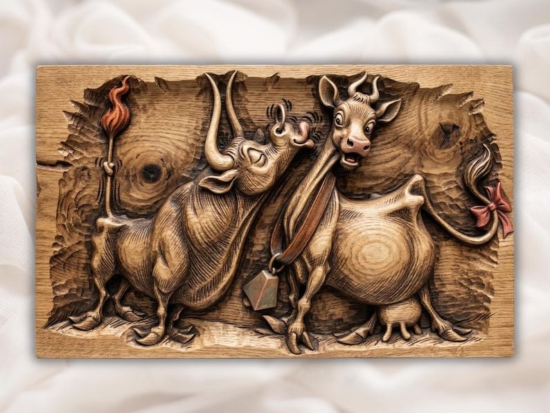 Bas-relief wood carving of two cartoon cows, one holding a torch, the other wide-eyed with a bell.
