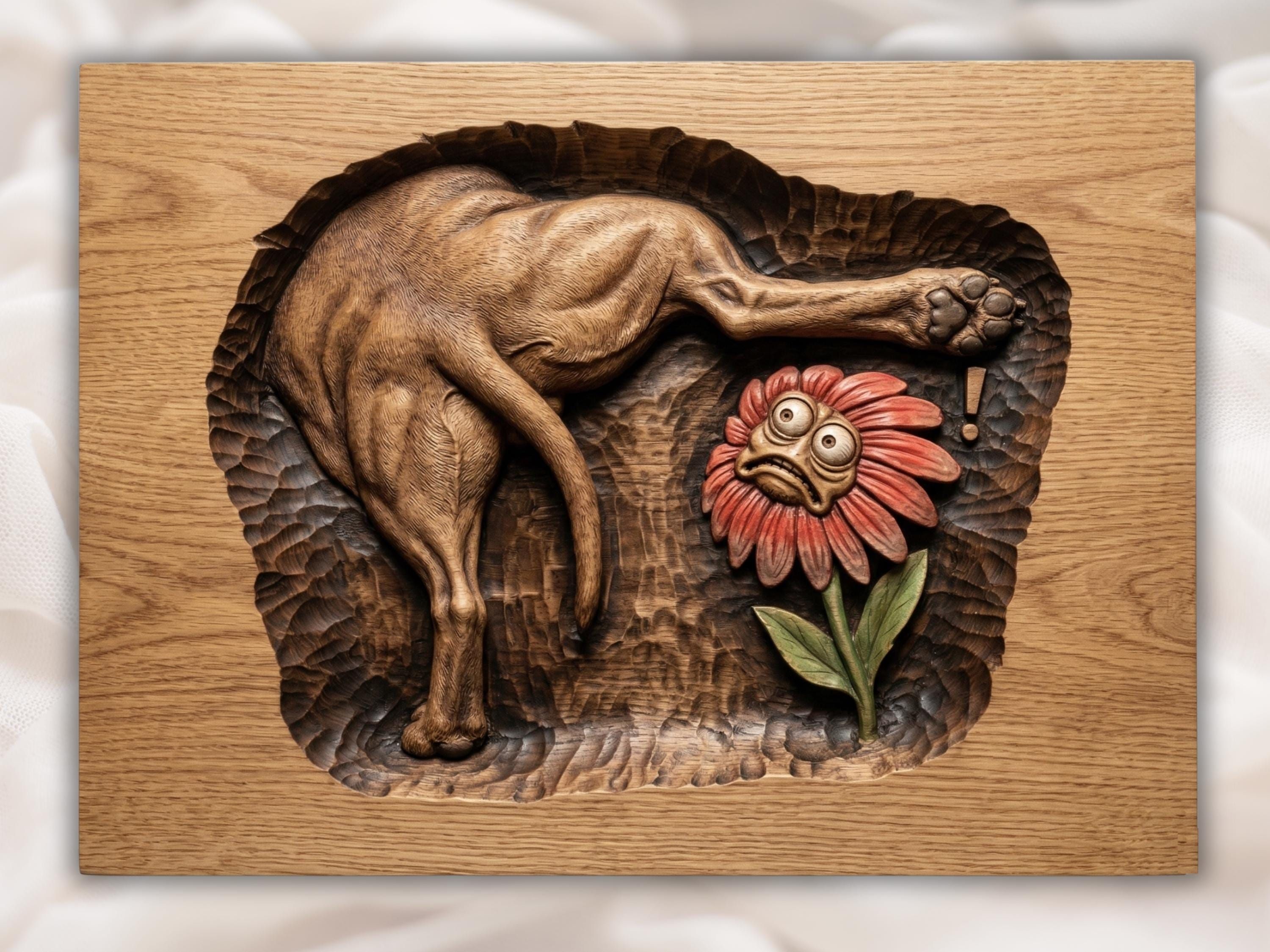 Carved wood relief of a lazy dog flopping its paw onto a wide-eyed red daisy with a startled face
