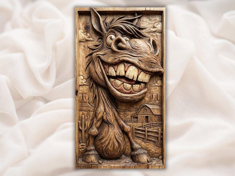 Carved bas-relief of a grinning cartoon donkey with big teeth against a barn, cactus, and fence