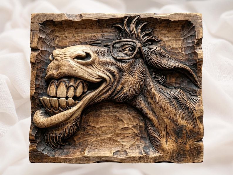 Carved wood bas-relief of a laughing donkey wearing glasses with big teeth and a tufted mane