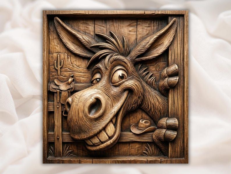 Carved wood relief of a grinning cartoon donkey leaning over a fence with cactus, saddle, and cowboy hat