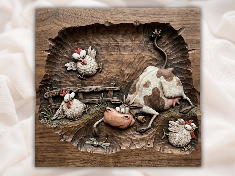 Carved wood relief of an upside-down cow with cowbell surrounded by three wide-eyed chickens in a barnyard scene