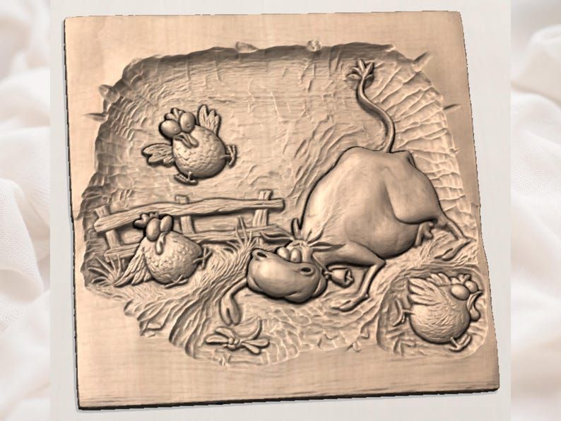 Goofy Toppled Cow and Three Chickens Barnyard Relief bas-relief STL — view 2
