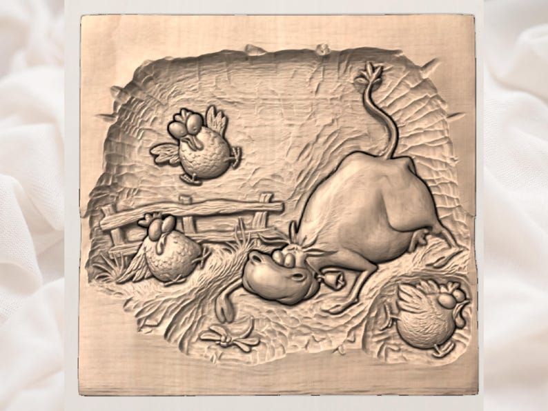 Goofy Toppled Cow and Three Chickens Barnyard Relief bas-relief STL — view 3