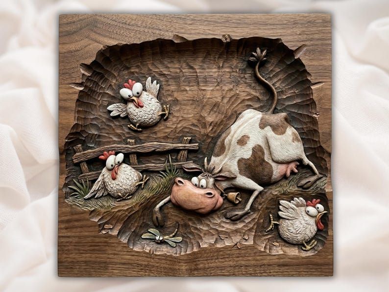 Goofy Toppled Cow and Three Chickens Barnyard Relief bas-relief STL design