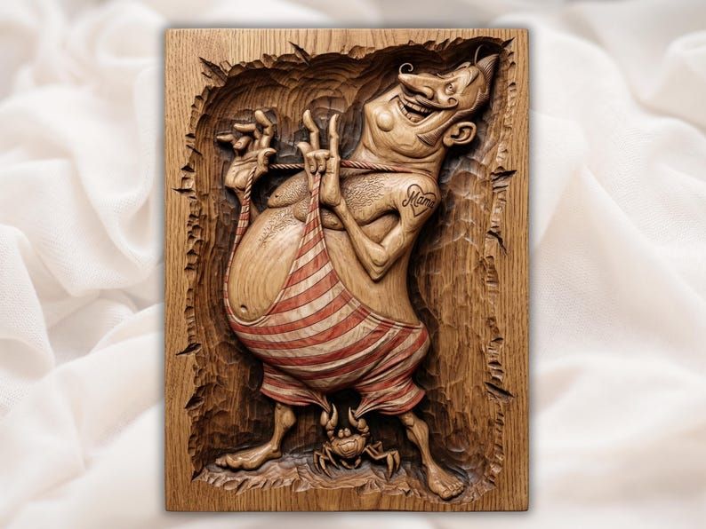 Carved wood relief of a grinning fat beachgoer in striped trunks with a small crab tugging them down