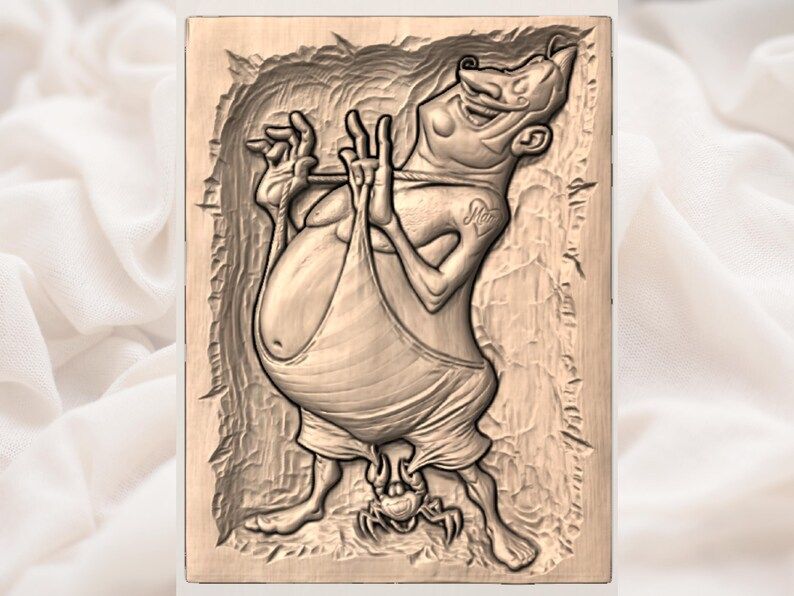 Cheeky Beachgoer and Sneaky Crab Caricature Relief STL bas-relief STL — view 3
