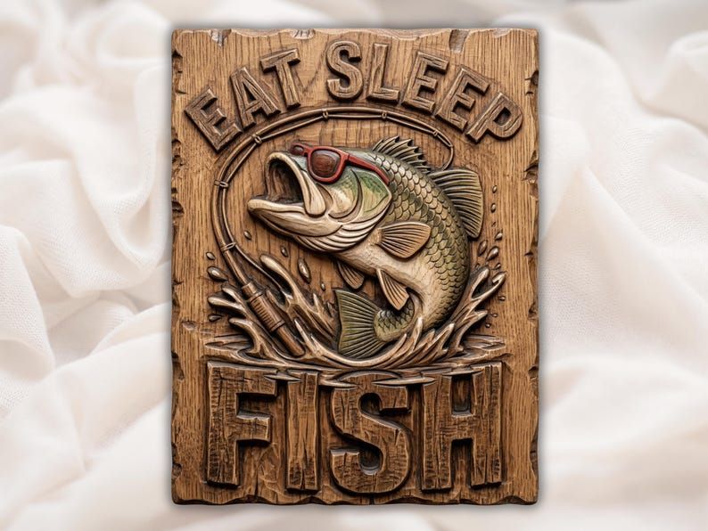 Carved wood relief of a largemouth bass wearing sunglasses jumping from water above the words Eat Sleep Fish