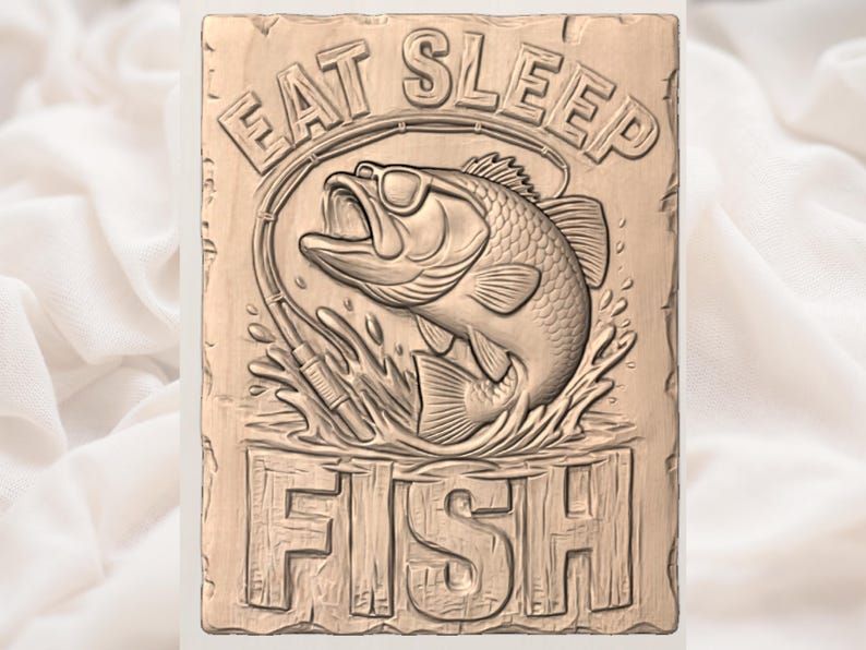 Eat Sleep Fish Largemouth Bass in Sunglasses Relief STL bas-relief STL — view 2