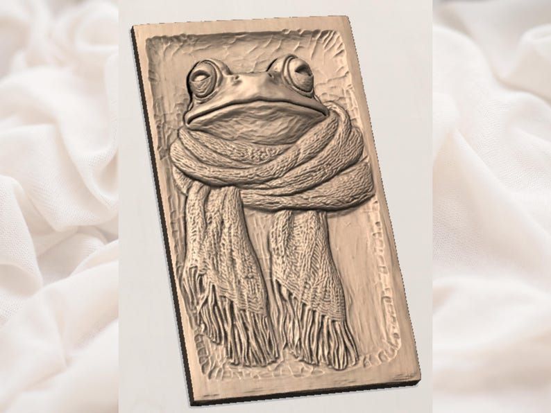 Cozy Frog in a Knitted Scarf Bas-Relief STL Carving File bas-relief STL — view 2