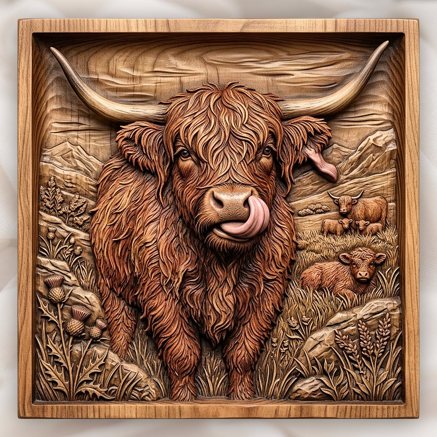 Funny Highland Cow Licking Ear CNC Relief STL bas-relief STL design