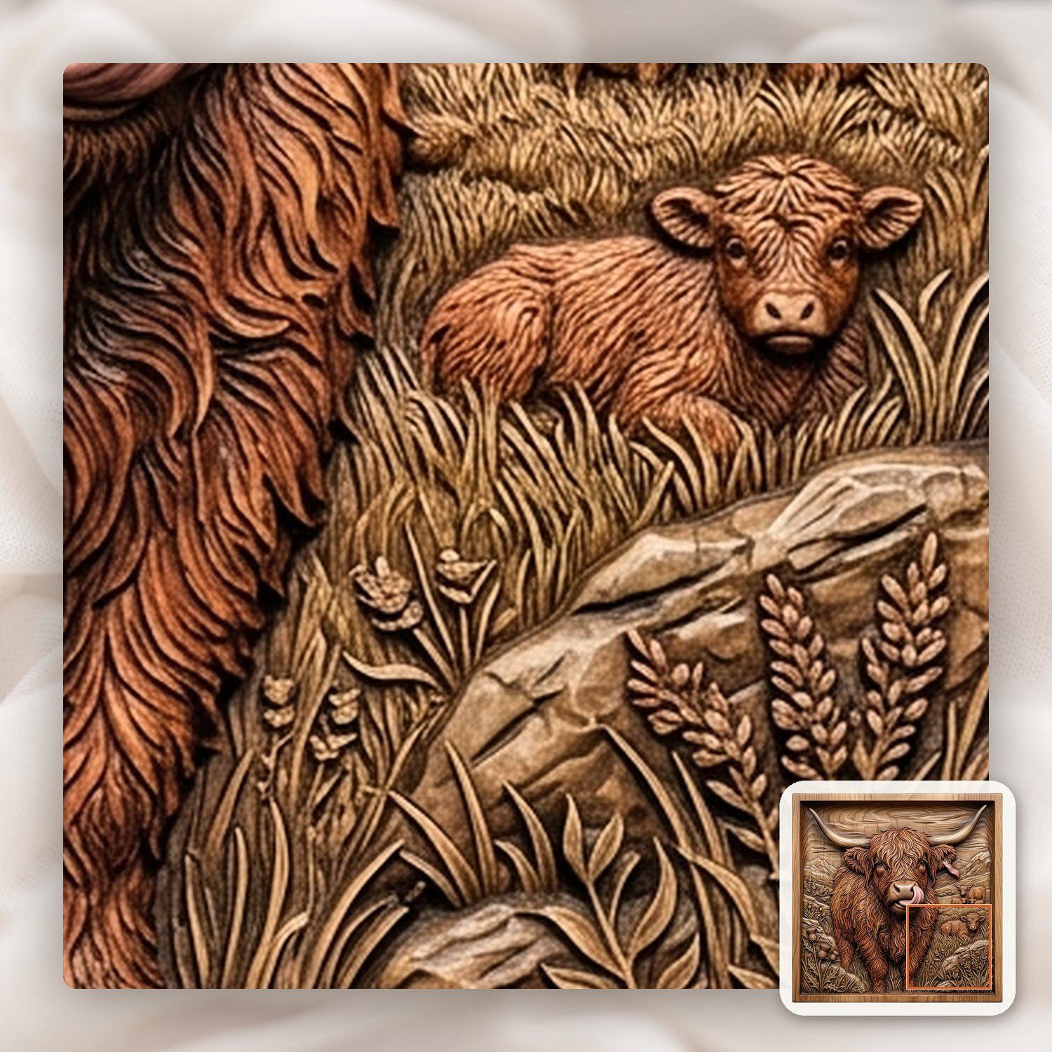 Funny Highland Cow Licking Ear CNC Relief STL bas-relief STL — view 11