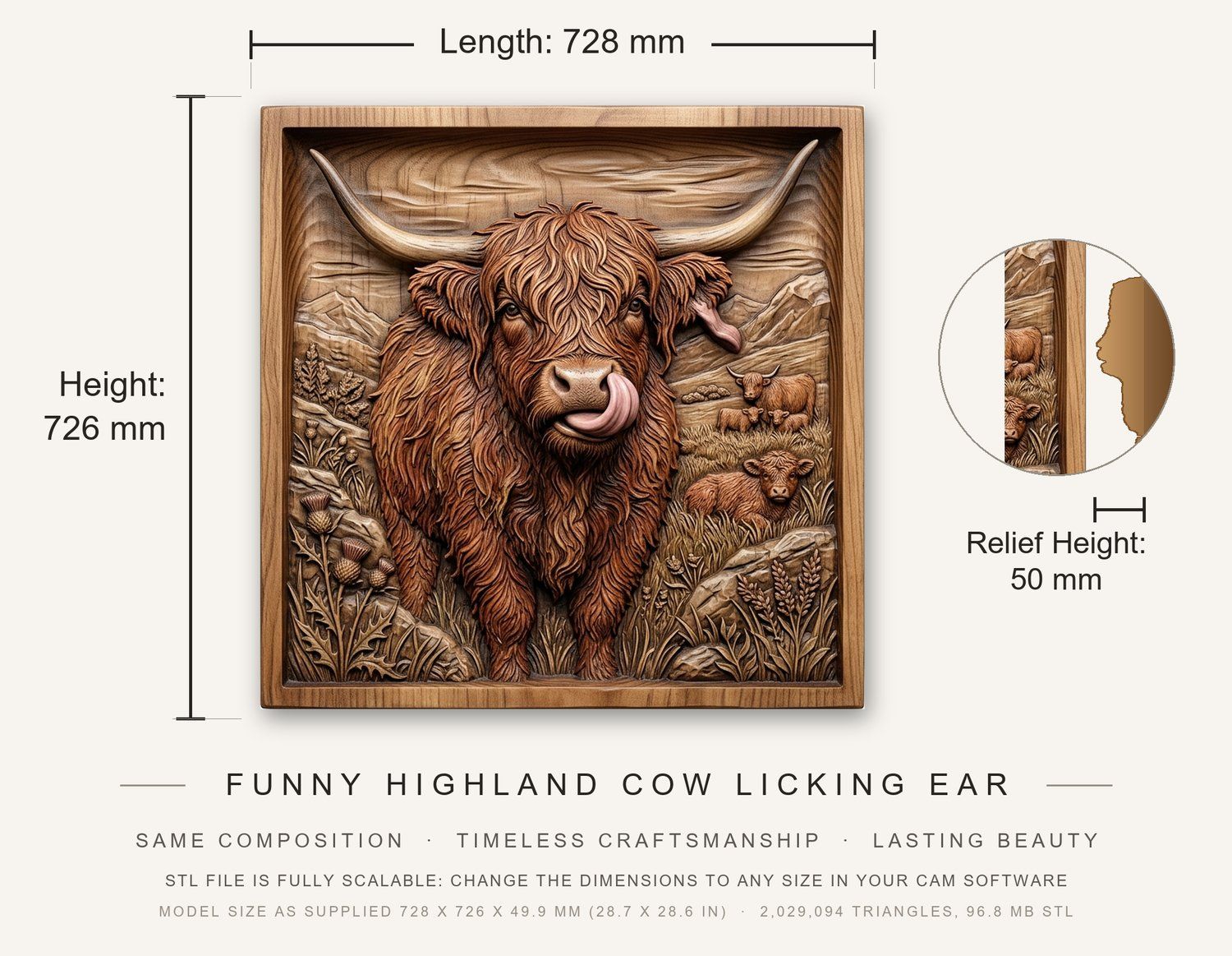 Funny Highland Cow Licking Ear CNC Relief STL bas-relief STL — view 3