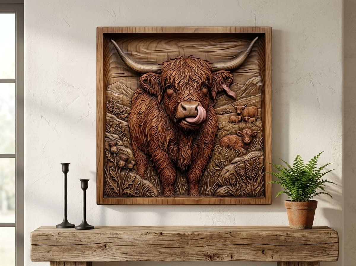 Funny Highland Cow Licking Ear CNC Relief STL bas-relief STL — view 12