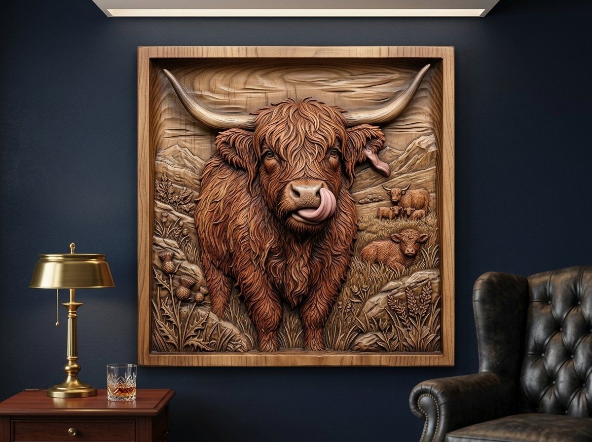 Funny Highland Cow Licking Ear CNC Relief STL bas-relief STL — view 13