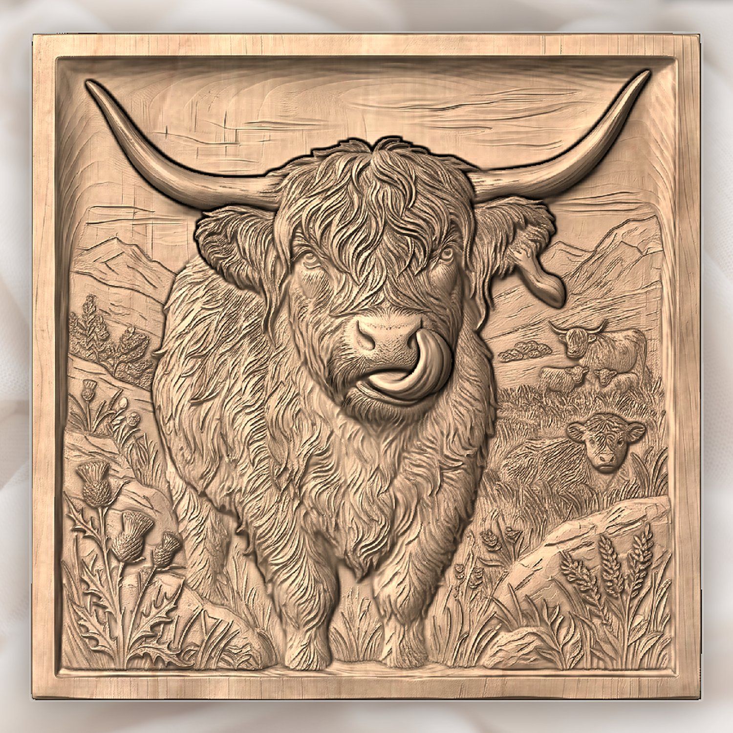 Funny Highland Cow Licking Ear CNC Relief STL bas-relief STL — view 4