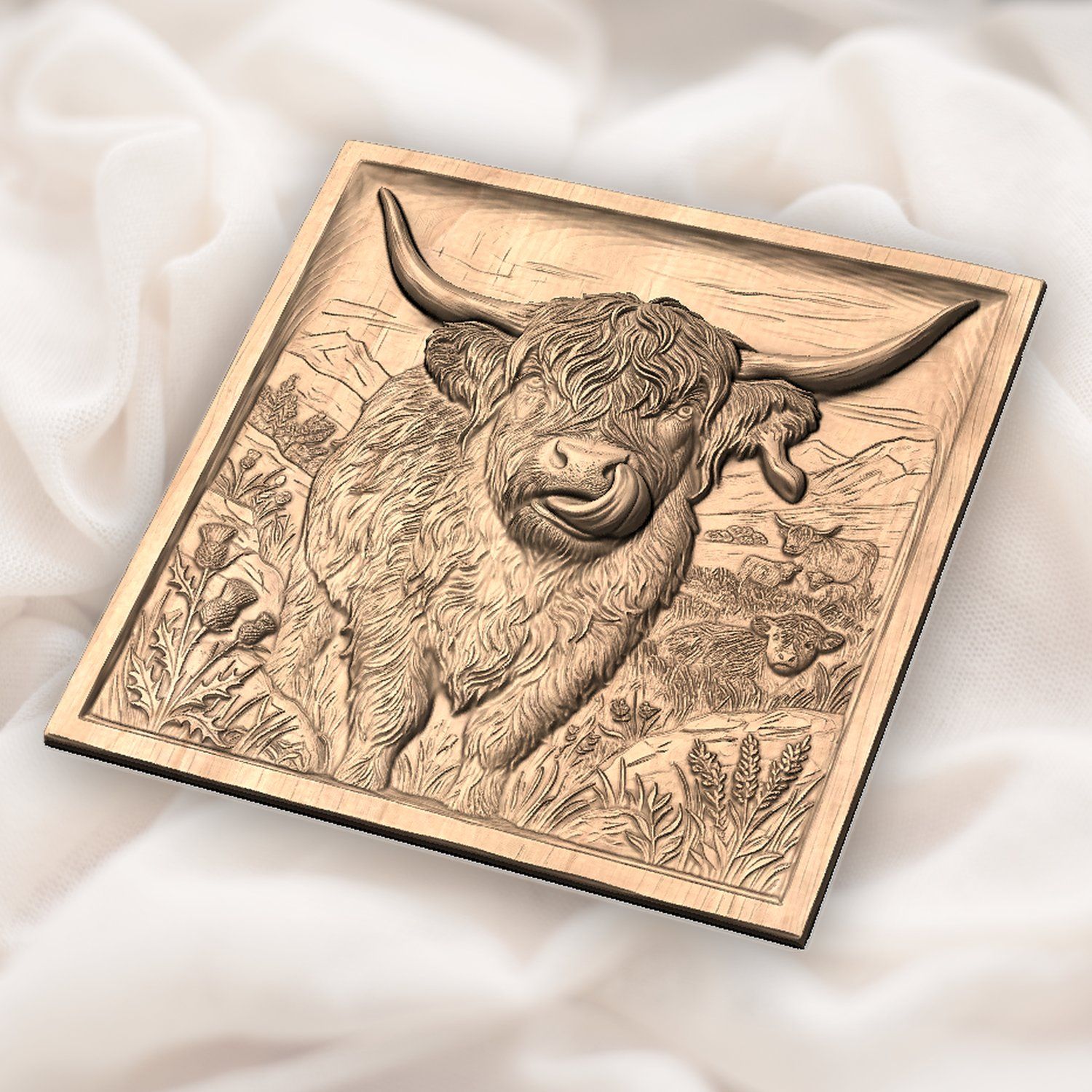 Funny Highland Cow Licking Ear CNC Relief STL bas-relief STL — view 5
