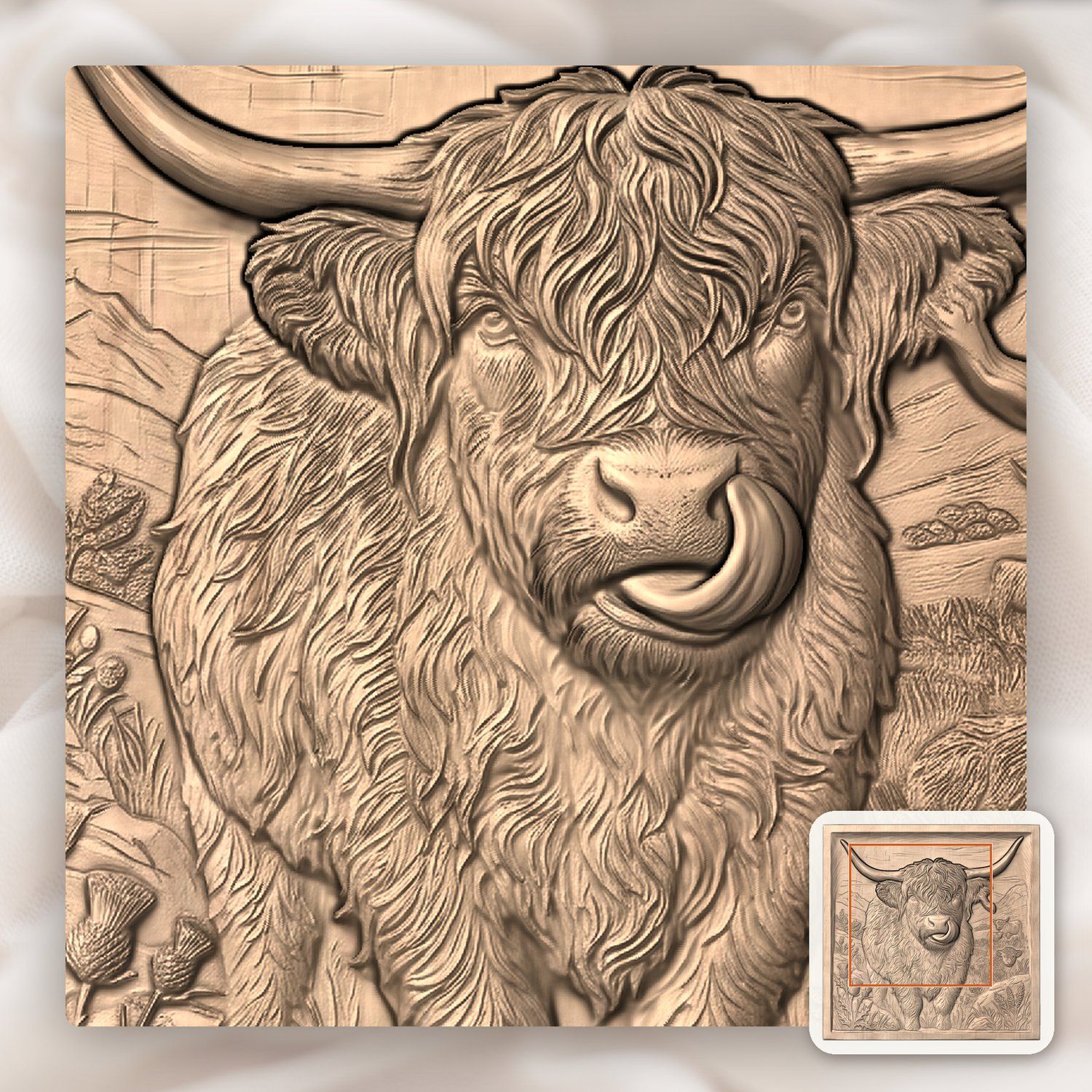 Funny Highland Cow Licking Ear CNC Relief STL bas-relief STL — view 6