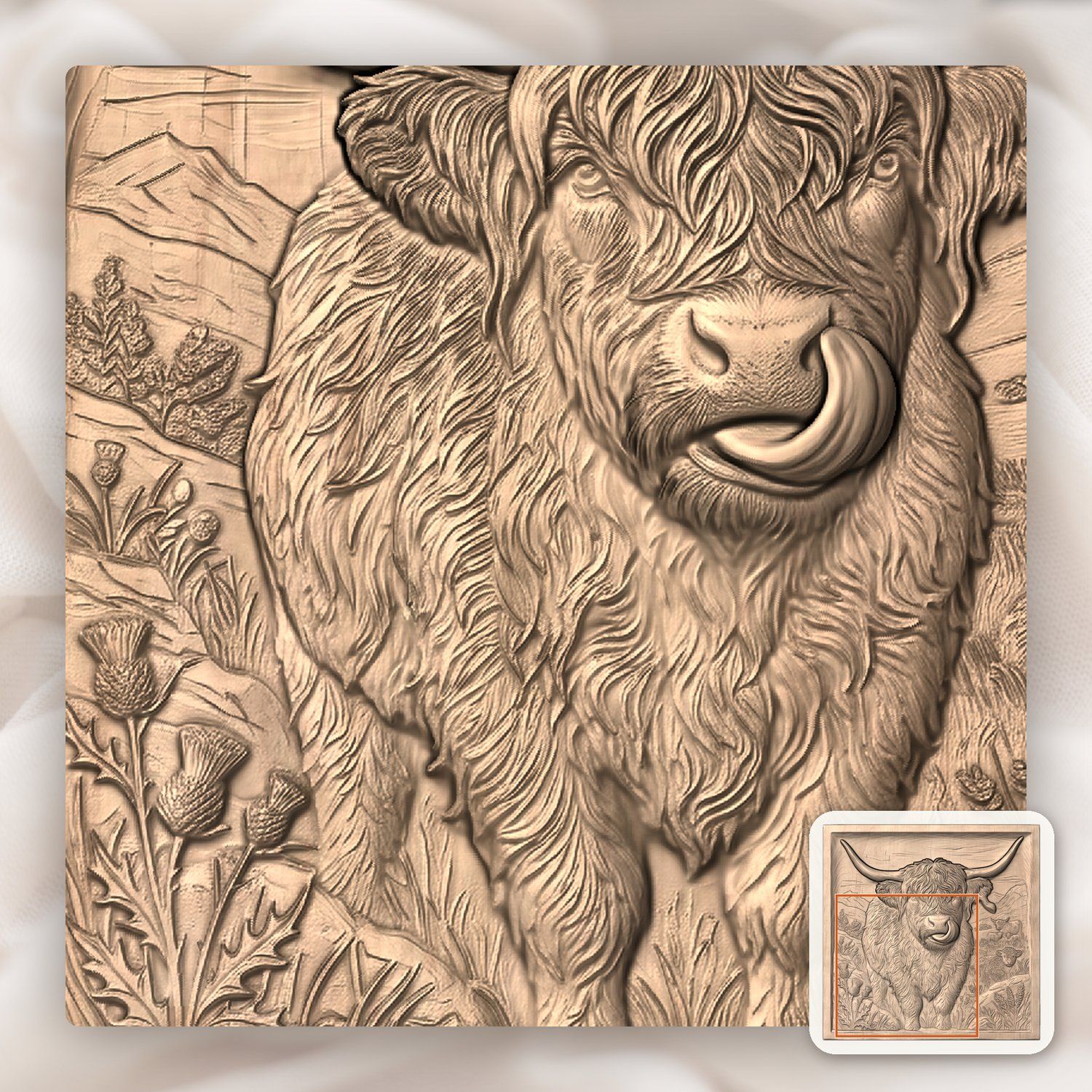 Funny Highland Cow Licking Ear CNC Relief STL bas-relief STL — view 7