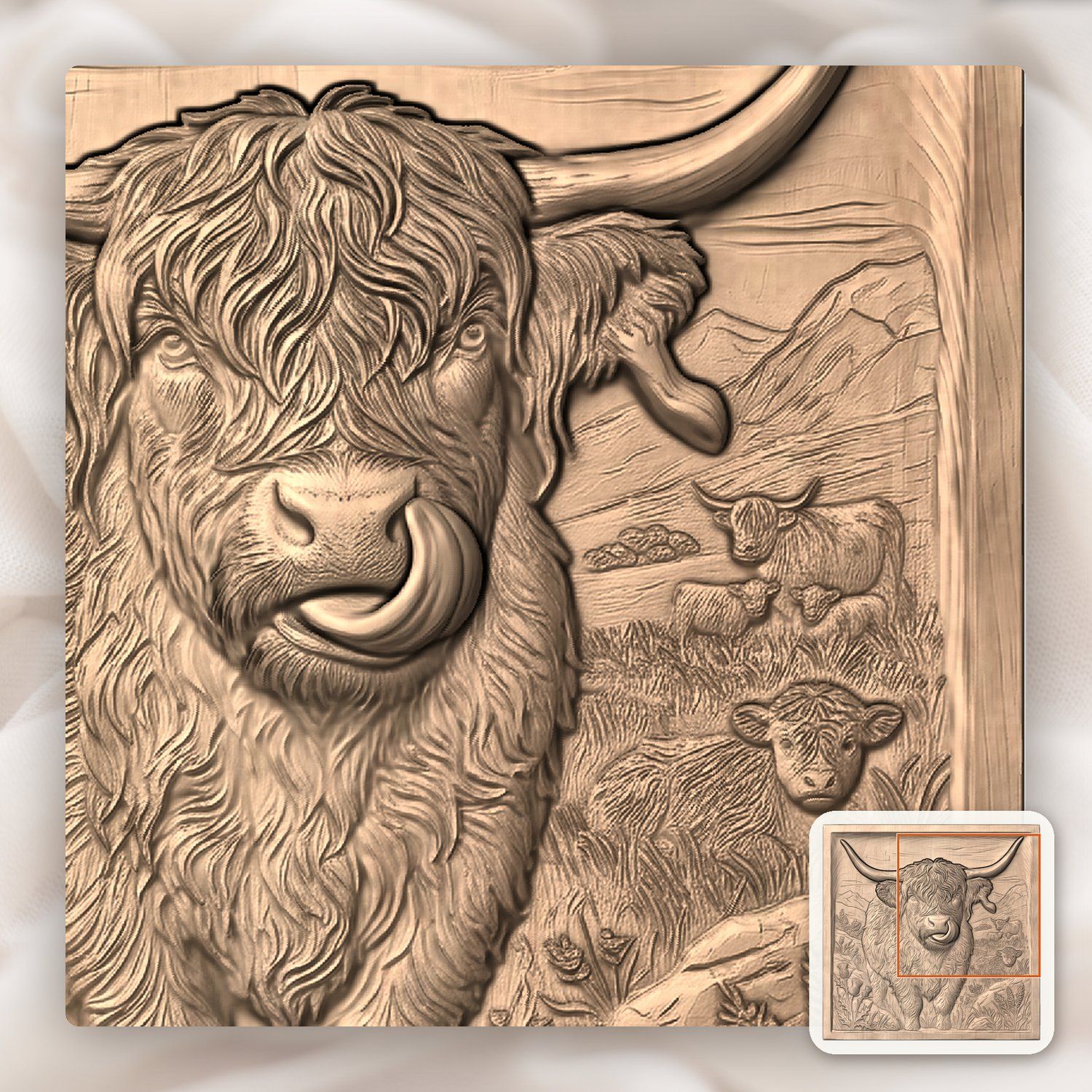 Funny Highland Cow Licking Ear CNC Relief STL bas-relief STL — view 8