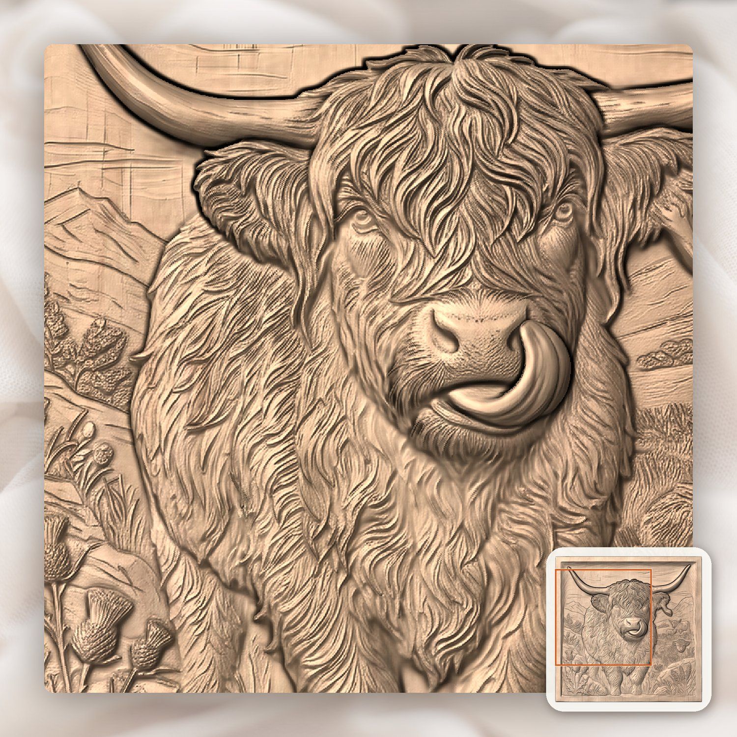 Funny Highland Cow Licking Ear CNC Relief STL bas-relief STL — view 9