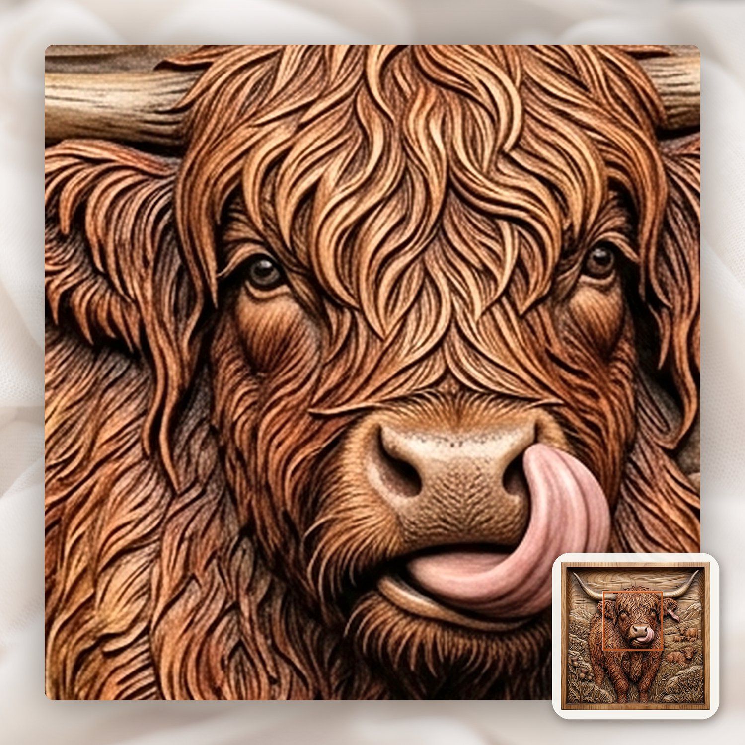 Funny Highland Cow Licking Ear CNC Relief STL bas-relief STL — view 10