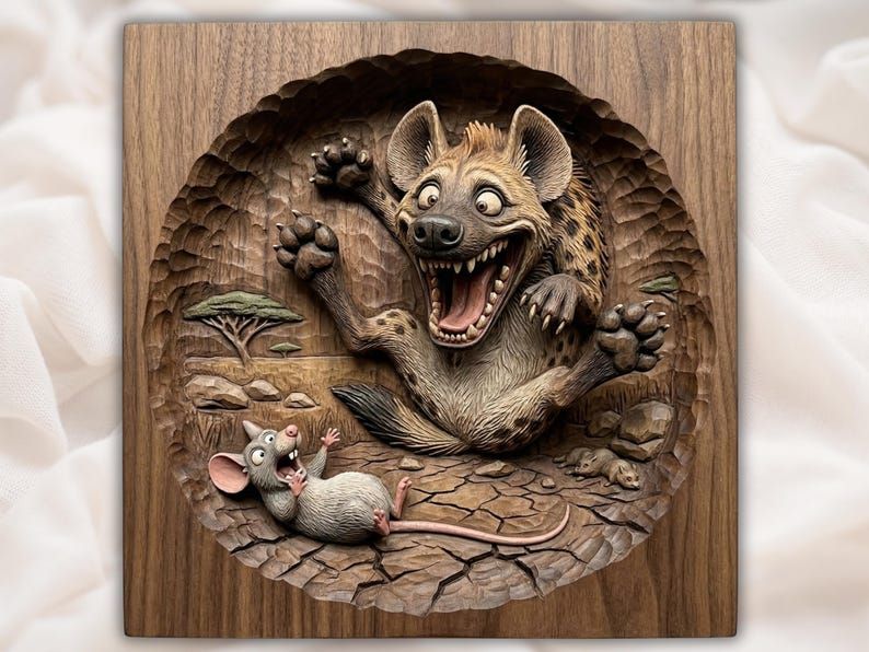 Carved wood relief of a laughing hyena with paws raised and a startled mouse on a cracked savanna floor